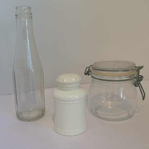 Vintage Glassware Ketchup Bottle, White Milk Glass Jar and Luminarc 1/2L… - Picture 1 of 10